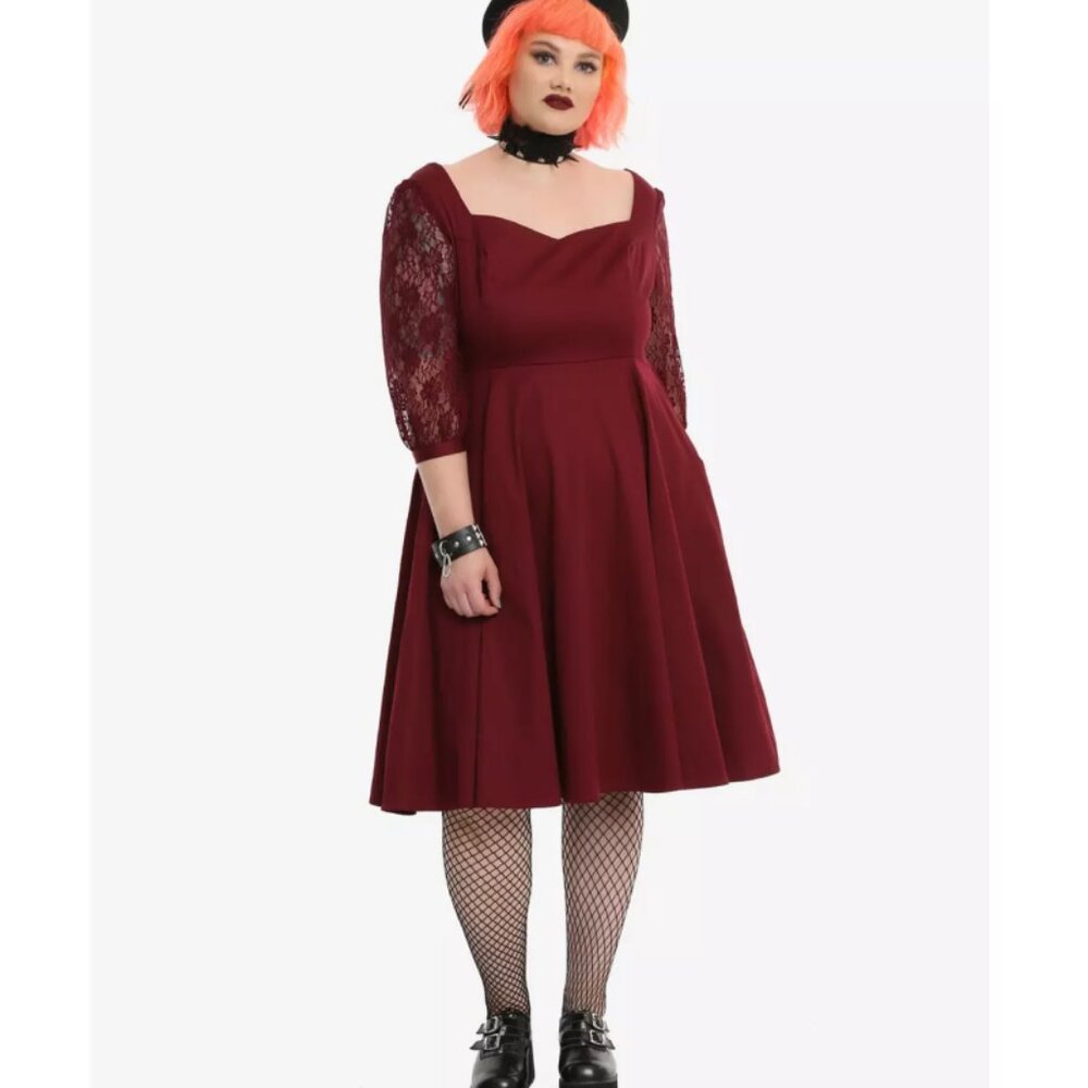 Hearts & Roses Burgundy Lace Sleeve Retro Swing Dress 2 2X 18 20 - Picture 2 of 9